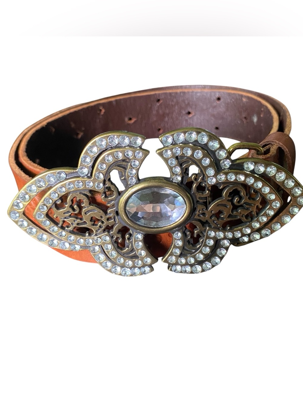 Miss Me Brown Leather Sz M Womens Rhinestone Etched Belt Buckle Cowgirl Chic 38”